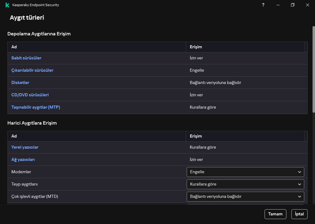 Aygıtlara erişimi yapılandırma penceresi. Kullanıcı, aygıtlarıa erişimi yapılandırabilir ve erişim planı gibi ek erişim parametrelerini ayarlayabilir.