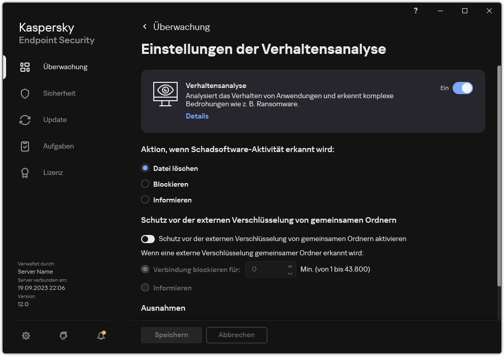 Fenster mit den Einstellungen der Verhaltensanalyse.
