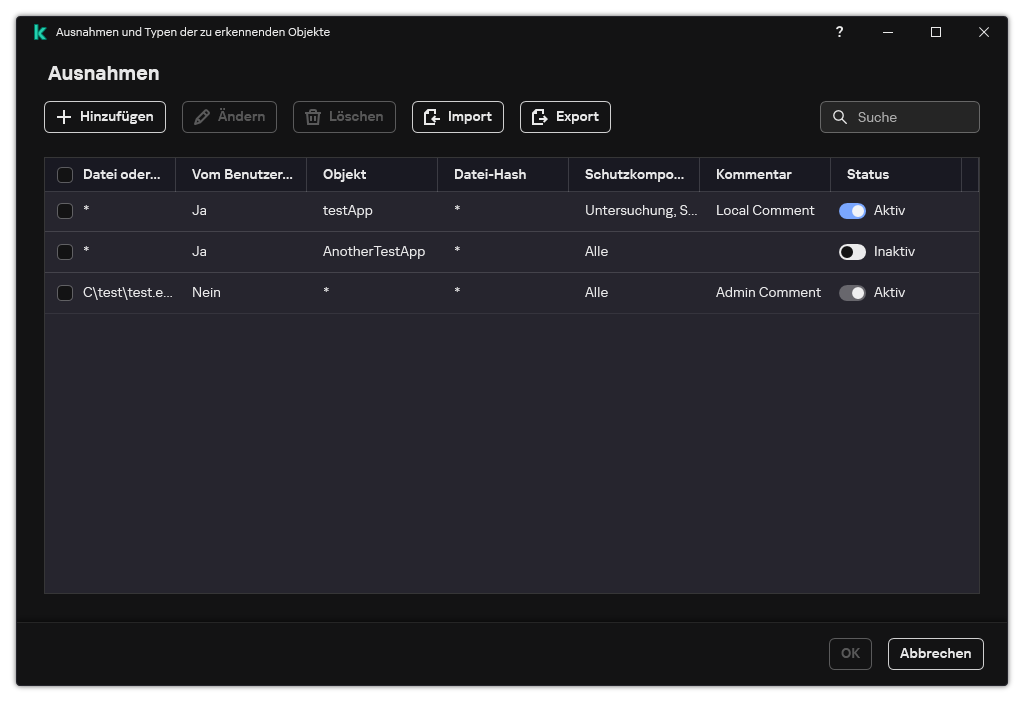 Ein Fenster mit der Liste der Ausnahmen. Die Eigenschaften der Ausnahme werden angezeigt. Der Benutzer kann Ausnahmen hinzufügen, bearbeiten oder löschen.