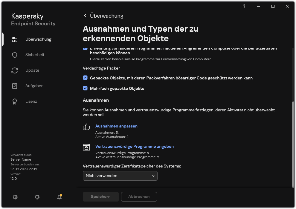 Fenster mit Einstellungen für Ausnahmen. Der Benutzer kann Ausnahmen und vertrauenswürdige Apps hinzufügen.