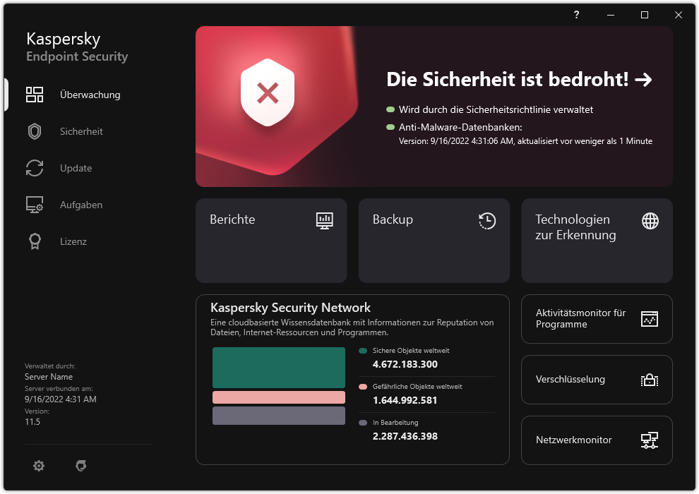 App-Hauptfenster, wenn es unverarbeitete Bedrohungen gibt. Die Meldung &bdquo;Die Sicherheit ist bedroht&ldquo; wird angezeigt.