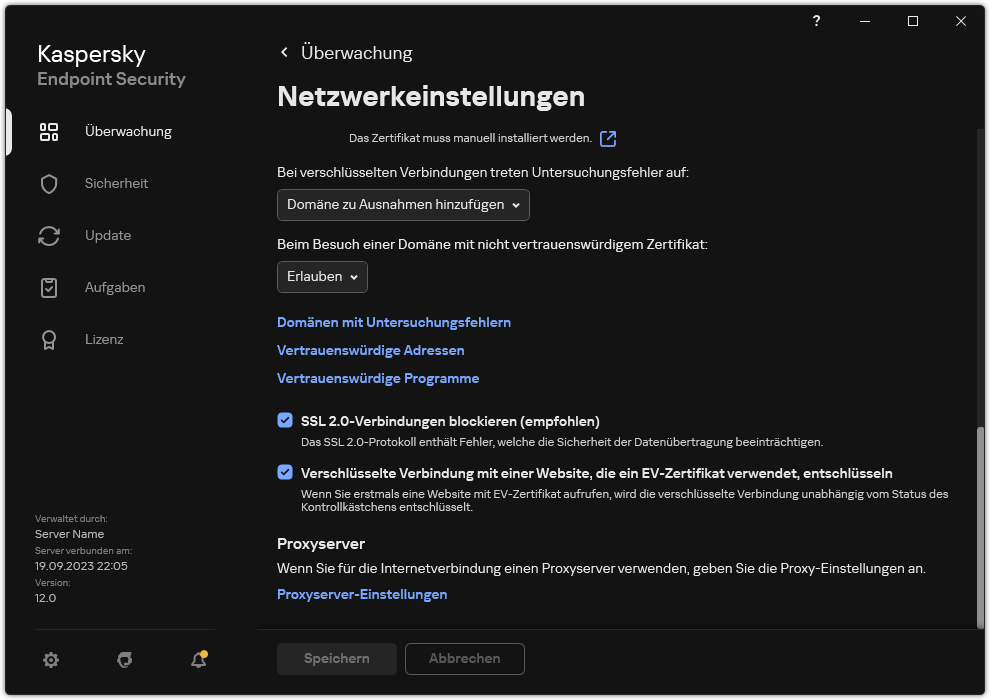 Fenster mit den Netzwerkeinstellungen für die App.