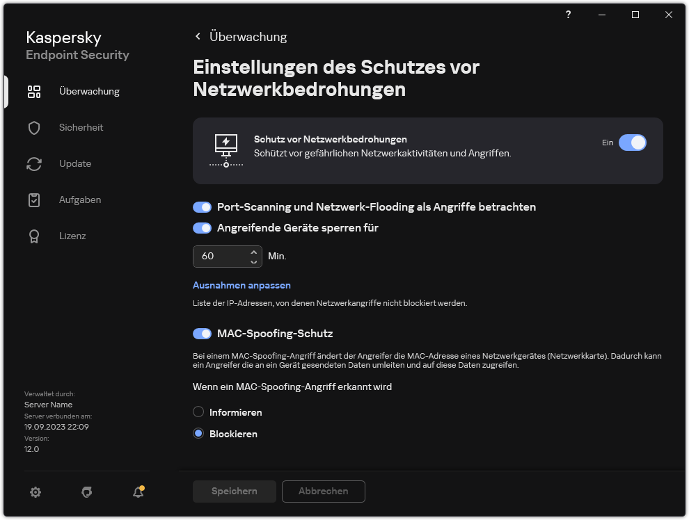 Fenster mit den Einstellungen für &bdquo;Schutzes vor Netzwerkbedrohungen&ldquo;
