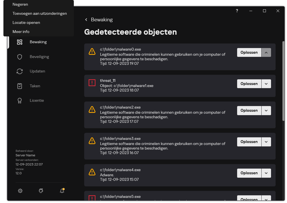Een venster met de lijst met gedetecteerde objecten. Er wordt informatie over het object weergegeven. De gebruiker kan het object oplossen of verwijderen.