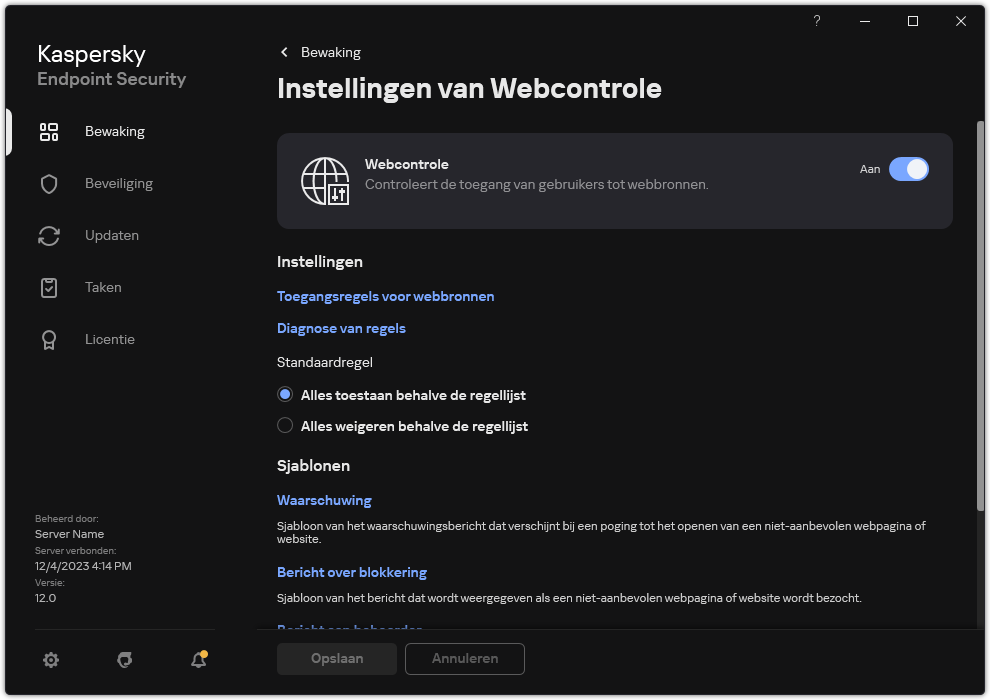 Webcontrole instellingen venster.