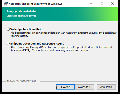 Installatievenster met configuratie van het programma: volledige functionaliteit of Endpoint Detection and Response Agent.