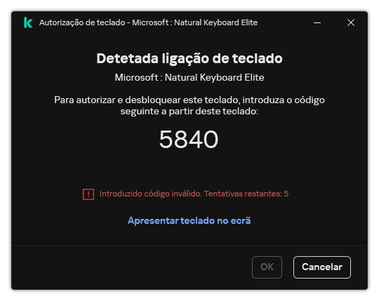 A janela com o código de autorização do teclado. O utilizador pode ativar o teclado no ecrã e inserir o código.