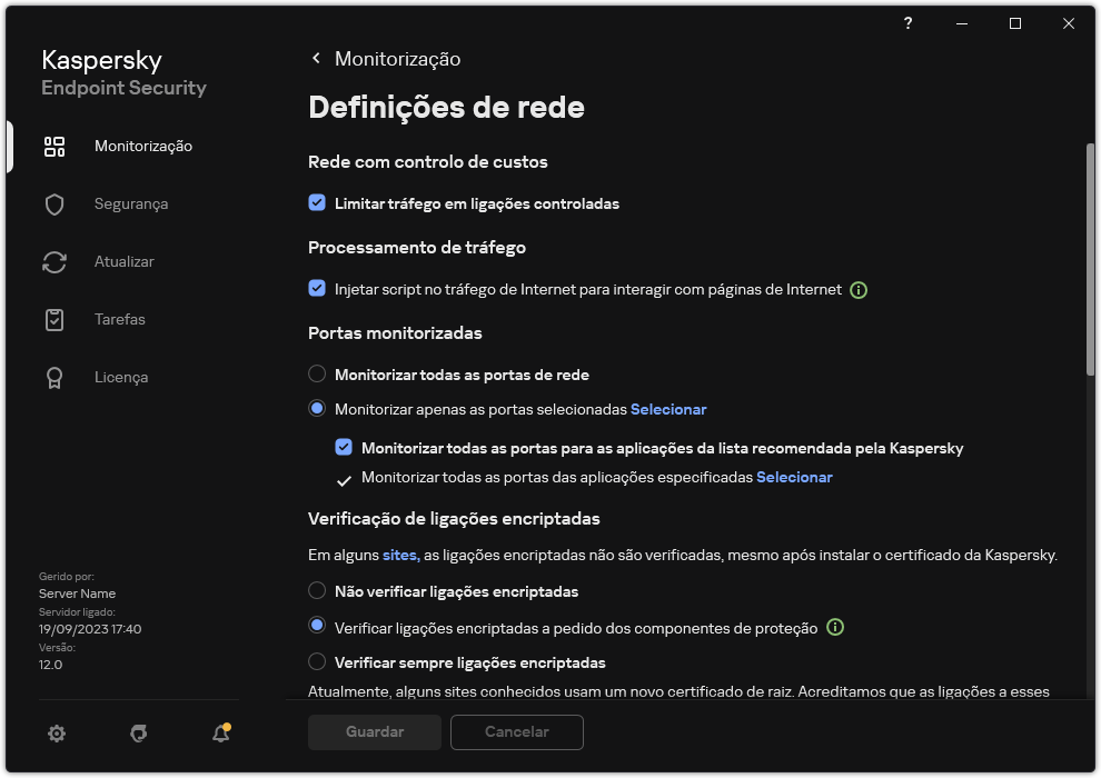 Janela de definições de rede da aplicação.