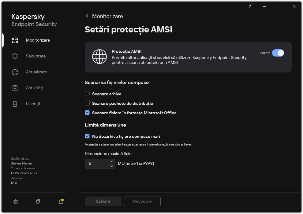 Fereastra de setări Protecție AMSI.