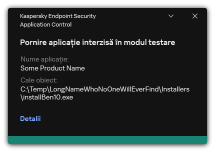Notificare că pornirea aplicației este interzisă în modul de testare. Utilizatorul poate vizualiza informații detaliate despre regulă.