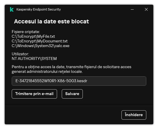 O fereastră cu un fișier de solicitare pentru accesarea datelor criptate. Utilizatorul poate salva fișierul generat pe disc sau îl poate trimite prin e-mail.