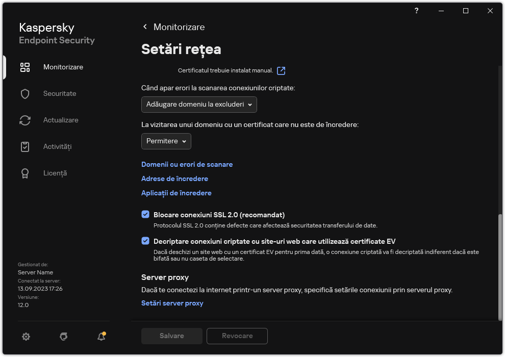 Fereastra Setări de rețea pentru aplicație.