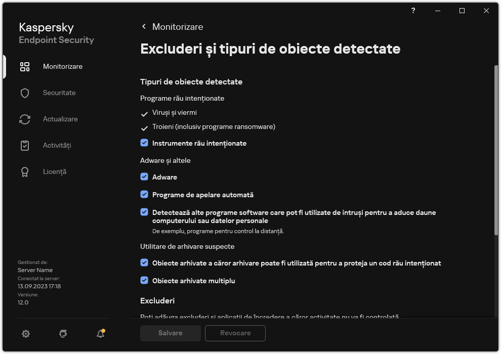 Fereastra cu setările excluderilor. Utilizatorul poate selecta tipuri de obiecte detectate și poate adăuga obiecte la excluderi.