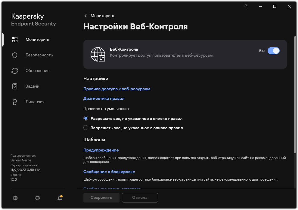 Окно с параметрами Веб-Контроля.