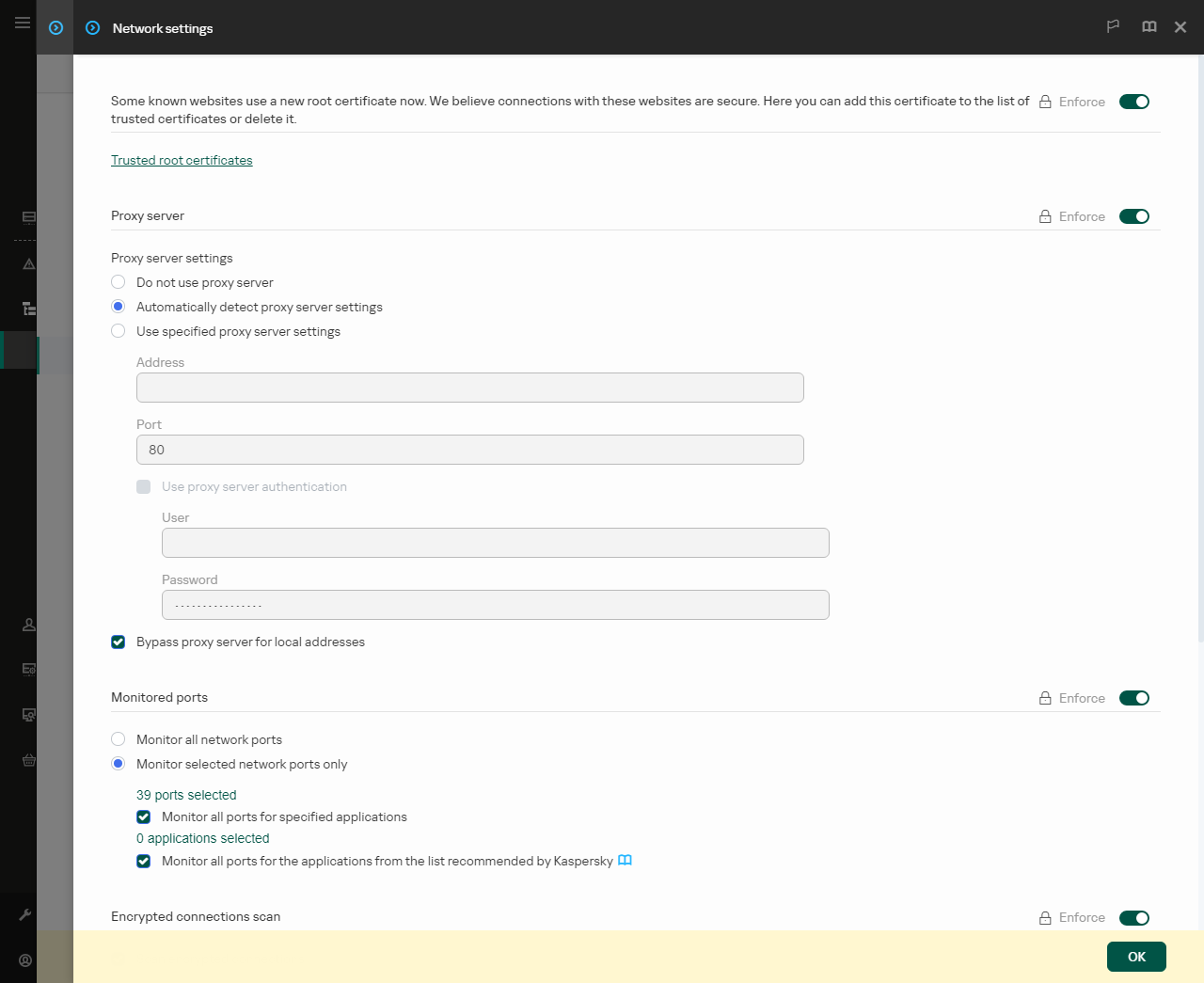Application network settings window. The user can configure proxy server settings.