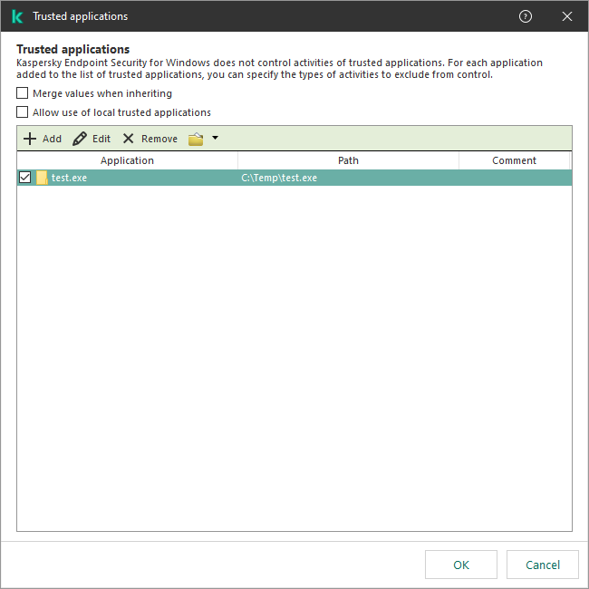 A window with the list of trusted applications. The user can add, edit or remove a trusted application.
