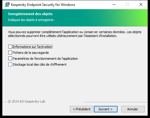 La fenêtre de l'installateur avec une liste d'objets qui peuvent être enregistrés après la suppression de l'application.