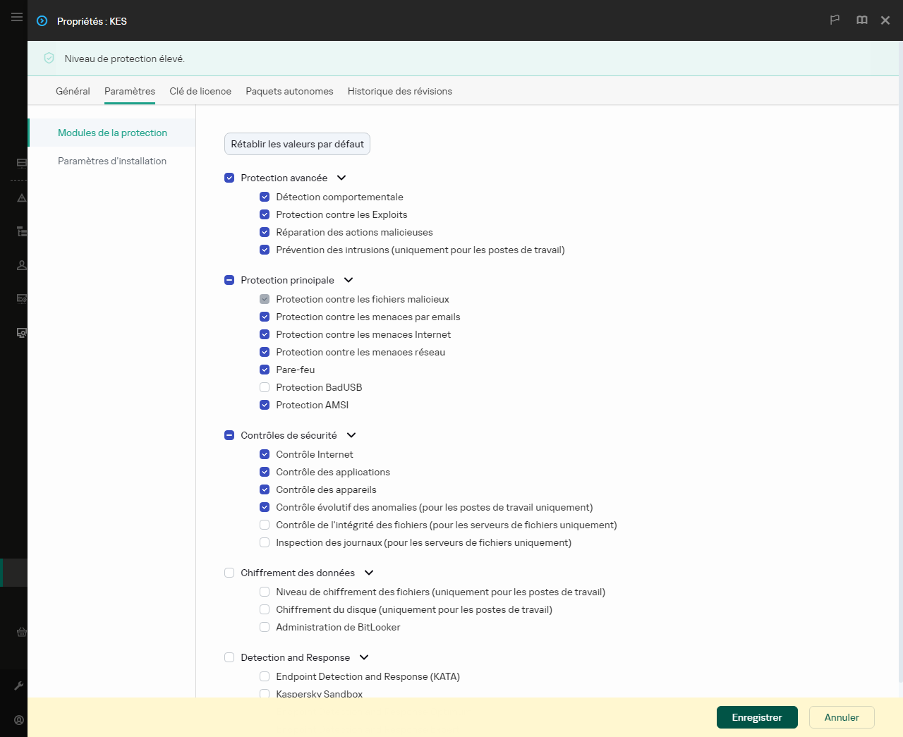 Fenêtre des propriétés du paquet d'installation. Vous pouvez sélectionner les modules d'application que vous souhaitez inclure.