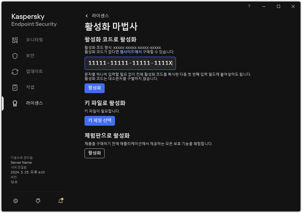 애플리케이션 활성화 도구가 있는 창. 활성화 코드를 입력하거나 키 파일을 선택할 수 있습니다.