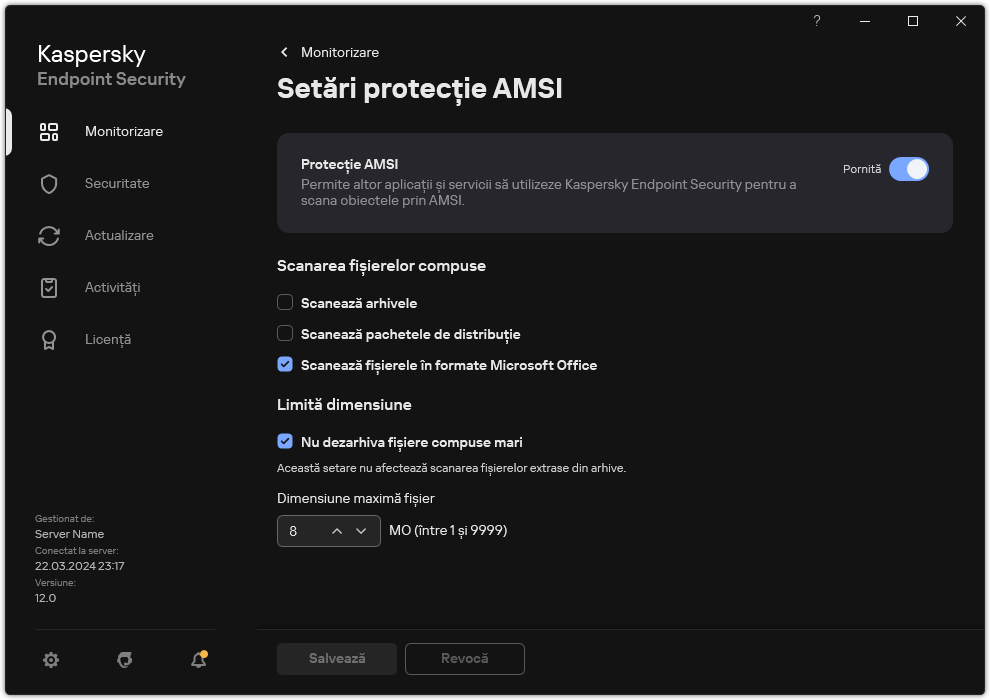 Fereastra de setări Protecție AMSI.