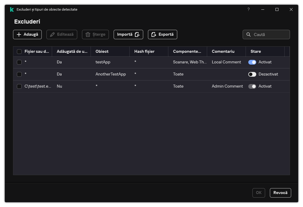 O fereastră cu lista de excluderi. Sunt afișate proprietățile excluderii. Utilizatorul poate adăuga, edita sau șterge excluderi.