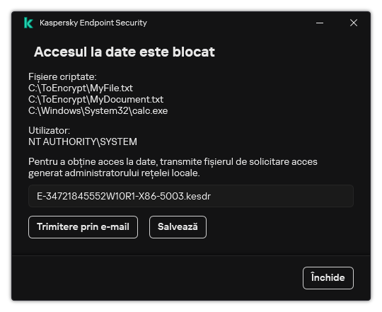 O fereastră cu un fișier de solicitare pentru accesarea datelor criptate. Utilizatorul poate salva fișierul generat pe disc sau îl poate trimite prin e-mail.
