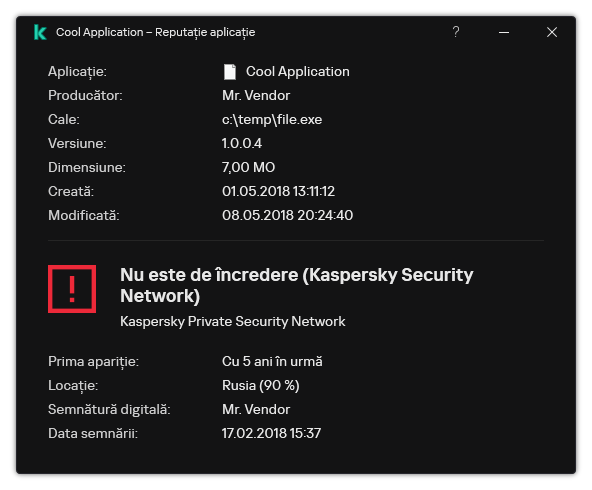 Fereastra conține informații despre reputația fișierului și alte date, cum ar fi prezența unei semnături digitale.
