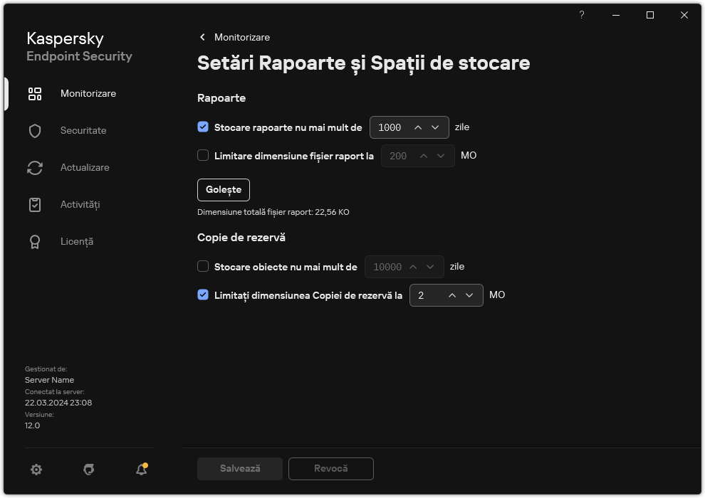 Fereastra pentru Setări Rapoarte și Spații de stocare. Utilizatorul poate seta dimensiunea și limita timpul de stocare a rapoartelor și obiectelor din depozit.