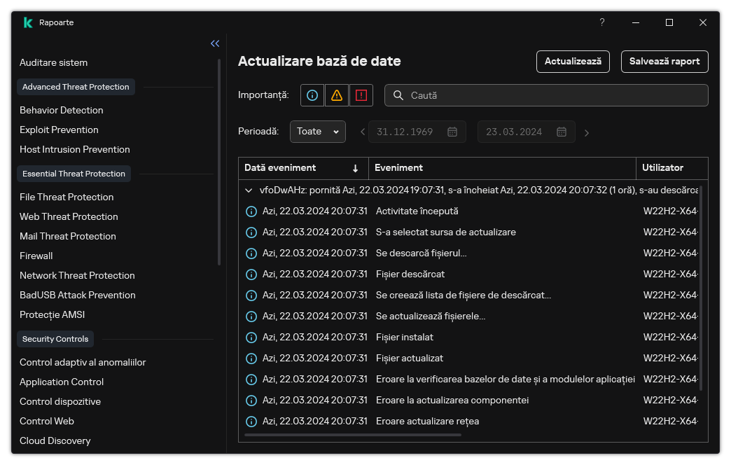 O fereastră cu lista de evenimente din raport. Utilizatorul poate filtra/sorta evenimente și poate salva rapoarte într-un fișier.