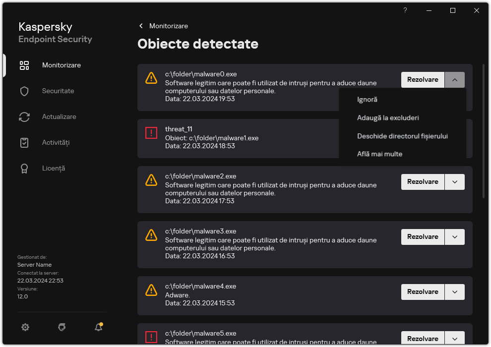 O fereastră cu lista obiectelor detectate. Sunt afișate informații despre obiect. Utilizatorul poate rezolva sau elimina obiectul.