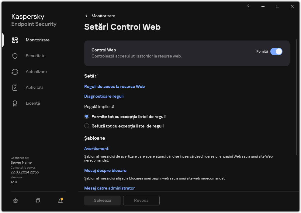 Fereastra de setări Control Web.