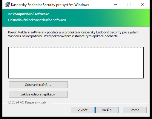 Okno instalačního programu, se seznamem nekompatibilního softwaru. Uživatel může spustit odstranění nekompatibilního softwaru.