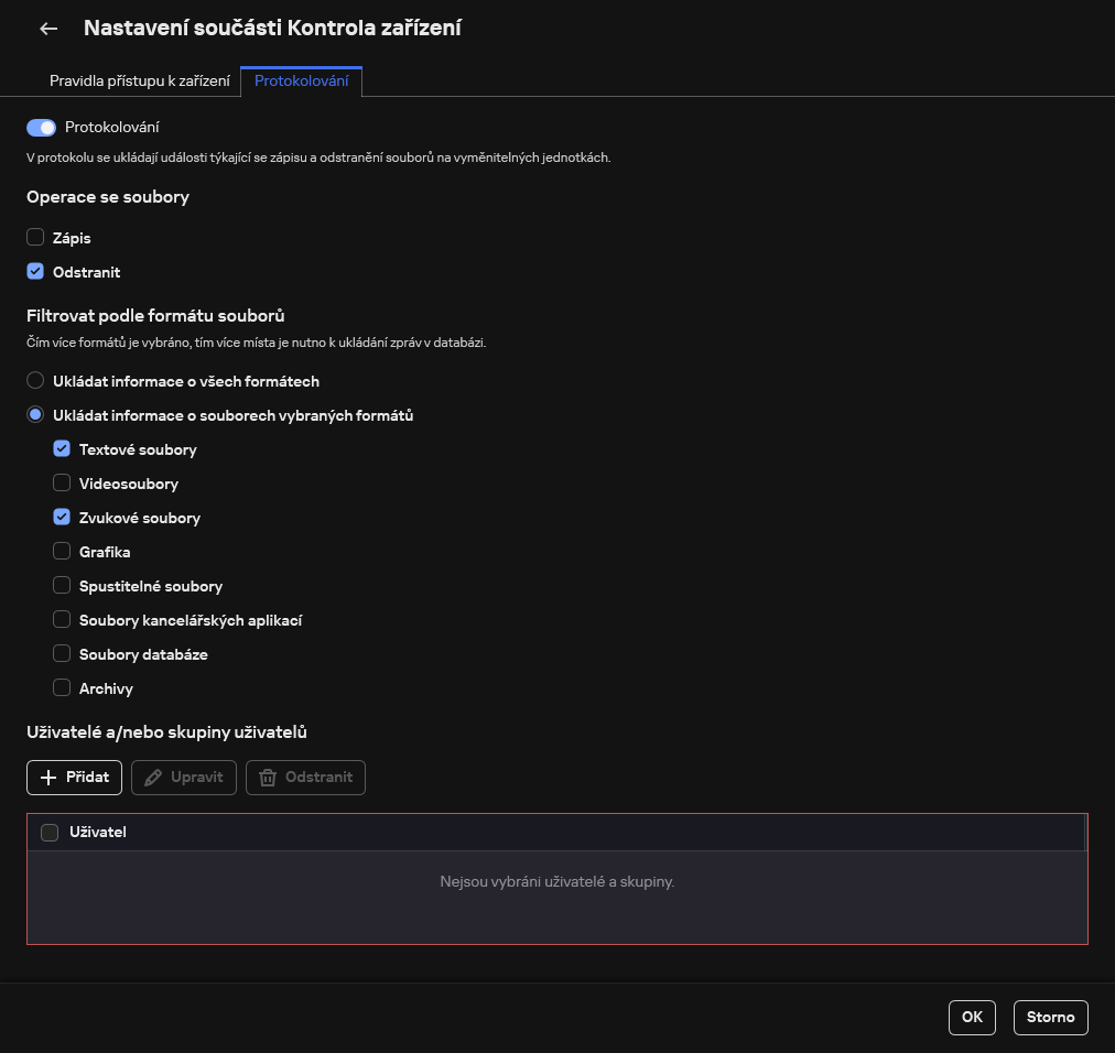 Okno pro konfiguraci protokolování událostí o použití vyměnitelných jednotek. Uživatel si může vybrat události, které mají být protokolovány.