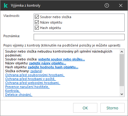 Okno s nástroji pro výběr výjimky. Uživatel může vybrat soubor nebo složku nebo zadat název či hash objektu.