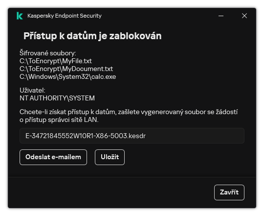 Okno se souborem požadavku na přístup k zašifrovaným datům. Uživatel může vygenerovaný soubor uložit na disk nebo poslat e-mailem.