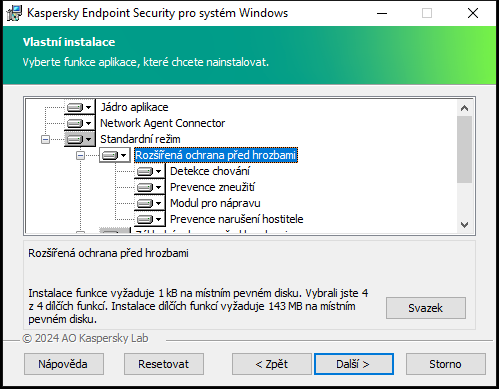Okno instalačního programu se seznamem součástí, které si uživatel může vybrat.
