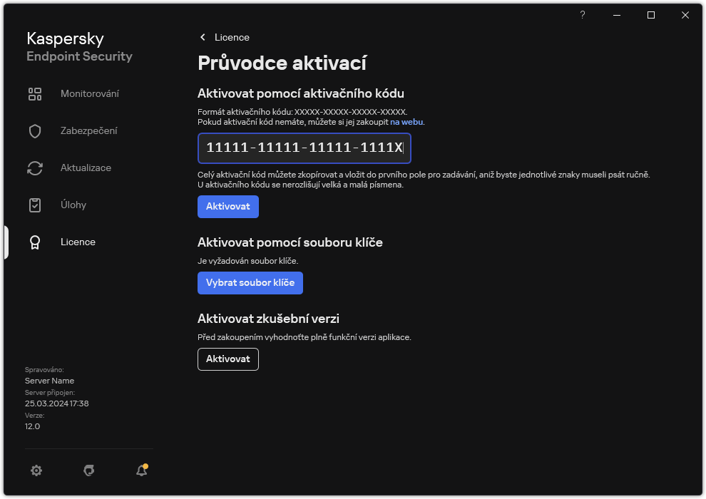 Okno s nástroji pro aktivaci aplikace. Uživatel může zadat aktivační kód nebo vybrat soubor klíče.
