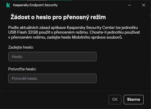 Okno obsahuje pole pro zadání a potvrzení hesla.