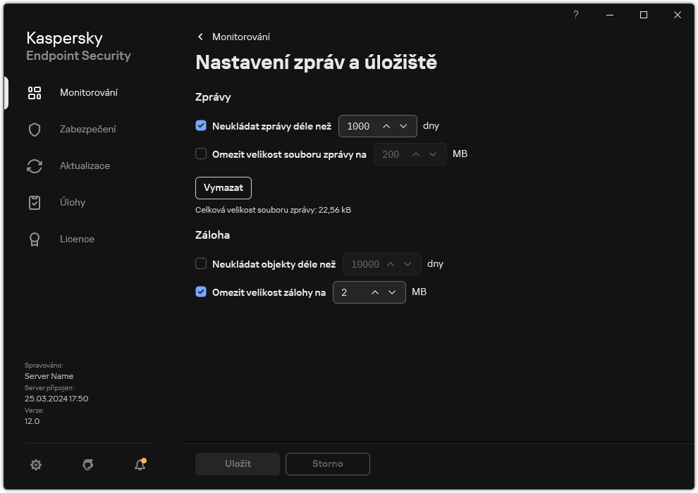 Okno Nastavení zpráv a úložiště. Uživatel může nastavit velikost a omezit dobu uložení sestav a objektů v úložišti.