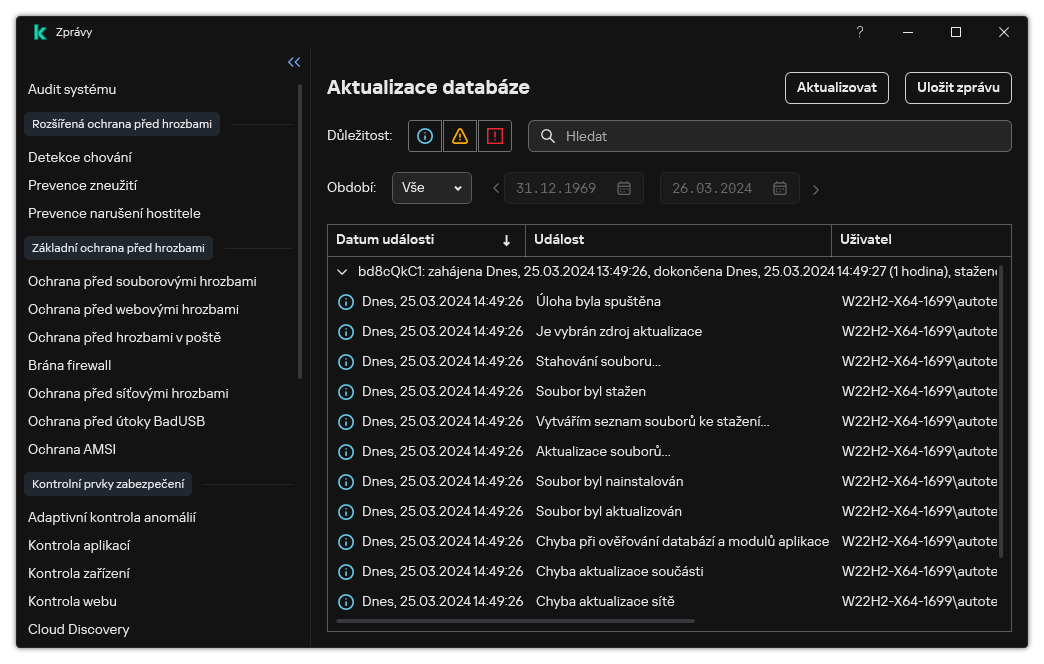 Okno se seznamem událostí ve zprávě. Uživatel může filtrovat/třídit události a ukládat zprávy do souboru.