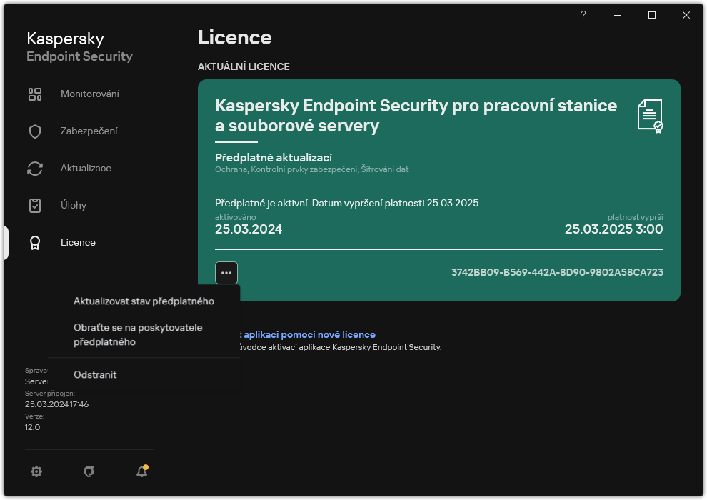 Okno s informacemi o licenci. Uživatel může aktualizovat stav předplatného, kontaktovat poskytovatele předplatného nebo odebrat licenci.