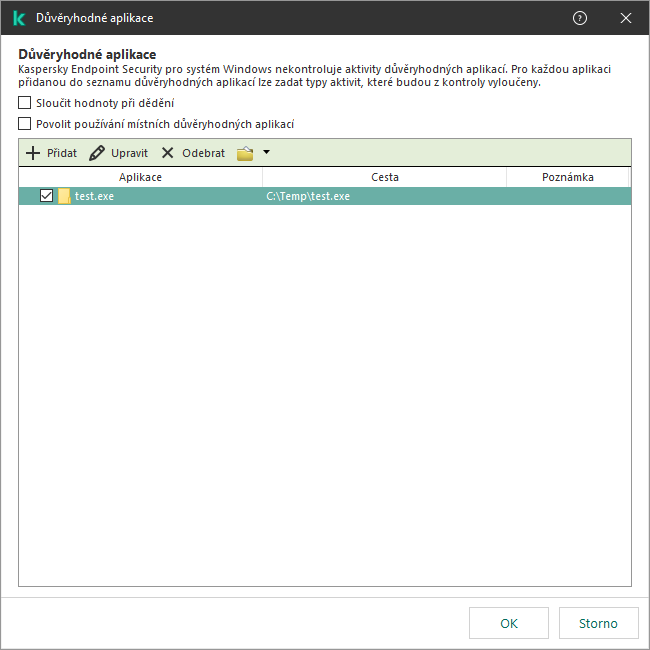 Okno se seznamem důvěryhodných aplikací. Uživatel může přidat, upravit nebo odebrat důvěryhodnou aplikaci.
