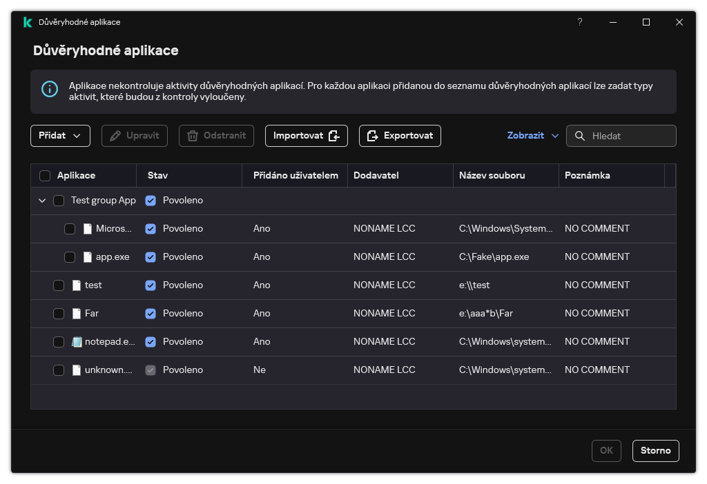 Okno se seznamem důvěryhodných aplikací. Uživatel může přidat, upravit nebo odebrat důvěryhodnou aplikaci.