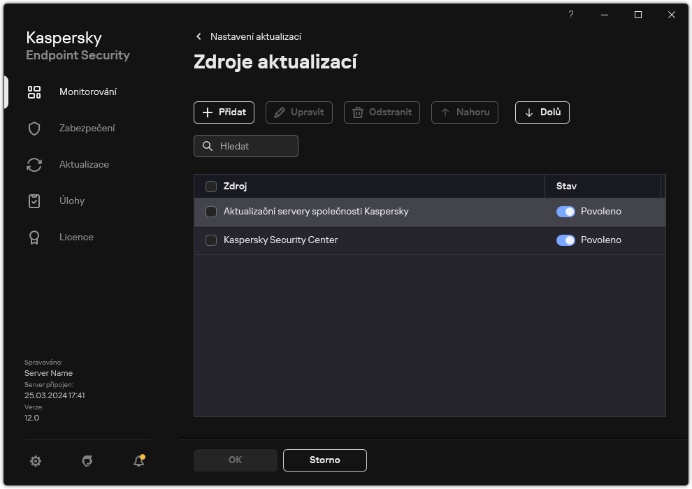 Okno se seznamem zdrojů aktualizací. Uživatel může přidat zdroje aktualizací a přiřadit zdroji prioritu.
