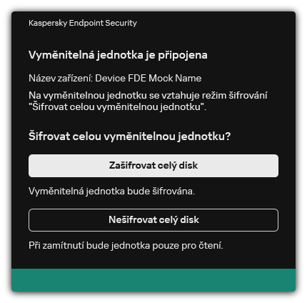 Upozornění na připojený disk s povoleným šifrováním souborů. Uživatel může zašifrovat soubory nebo odmítnout.