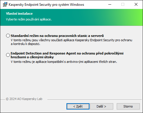 Instalační okno s konfigurací aplikace: všechny funkce, nebo Endpoint Detection and Response Agent.