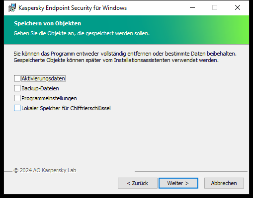 Fenster des Installationsprogramms mit einer Liste von Objekten, die nach dem Entfernen der App gespeichert werden können.