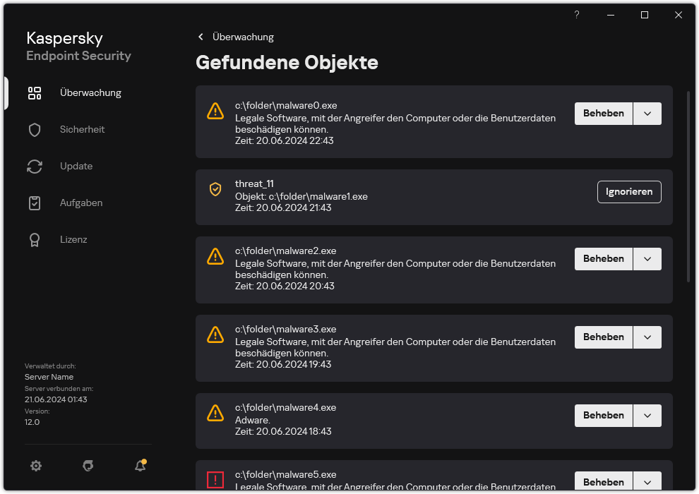 Ein Fenster mit einer Liste der erkannten Objekte. Informationen zum Objekt werden angezeigt. Der Benutzer kann das Objekt verarbeiten oder entfernen.