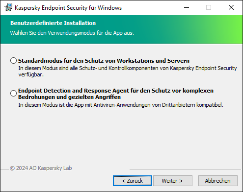 Installationsfenster mit der Konfiguration des Programms: vollständige Funktionalität oder Endpoint Detection and Response Agent.