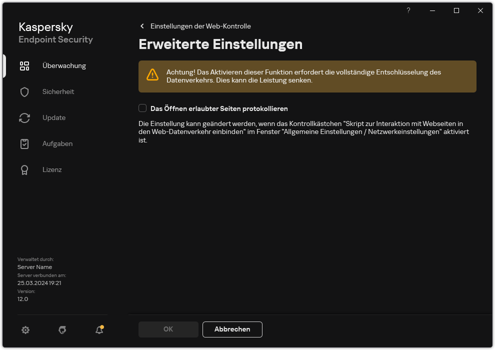 Fenster mit erweiterten Einstellungen der „Web-Kontrolle“.